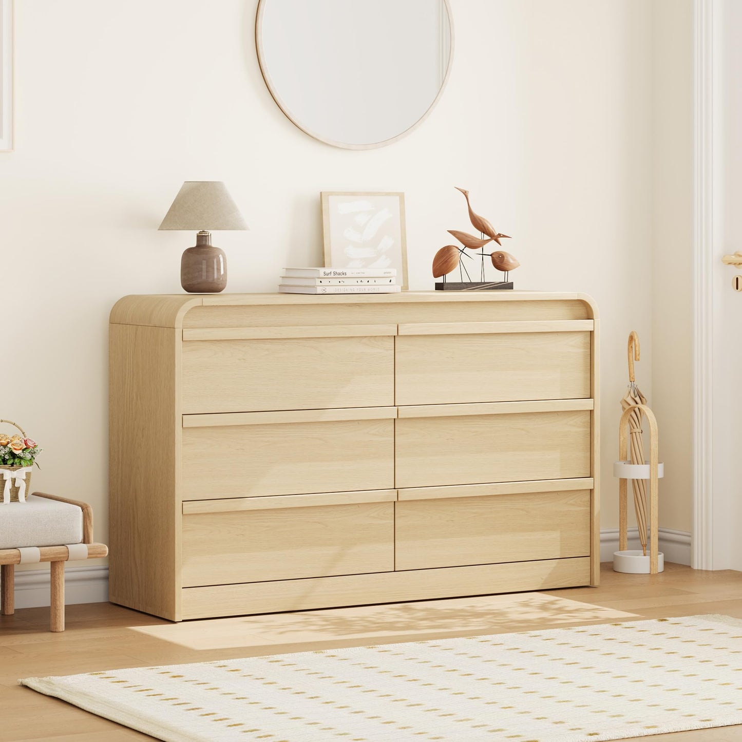 Garvee 6 Drawer Dresser for Bedroom, 47" Wide Wooden Dressers with Curved Profile Design, Mid Century Chest of Drawers Closet Clothes Storage Organizer for Living Room, Entryway, Nursery, Natural