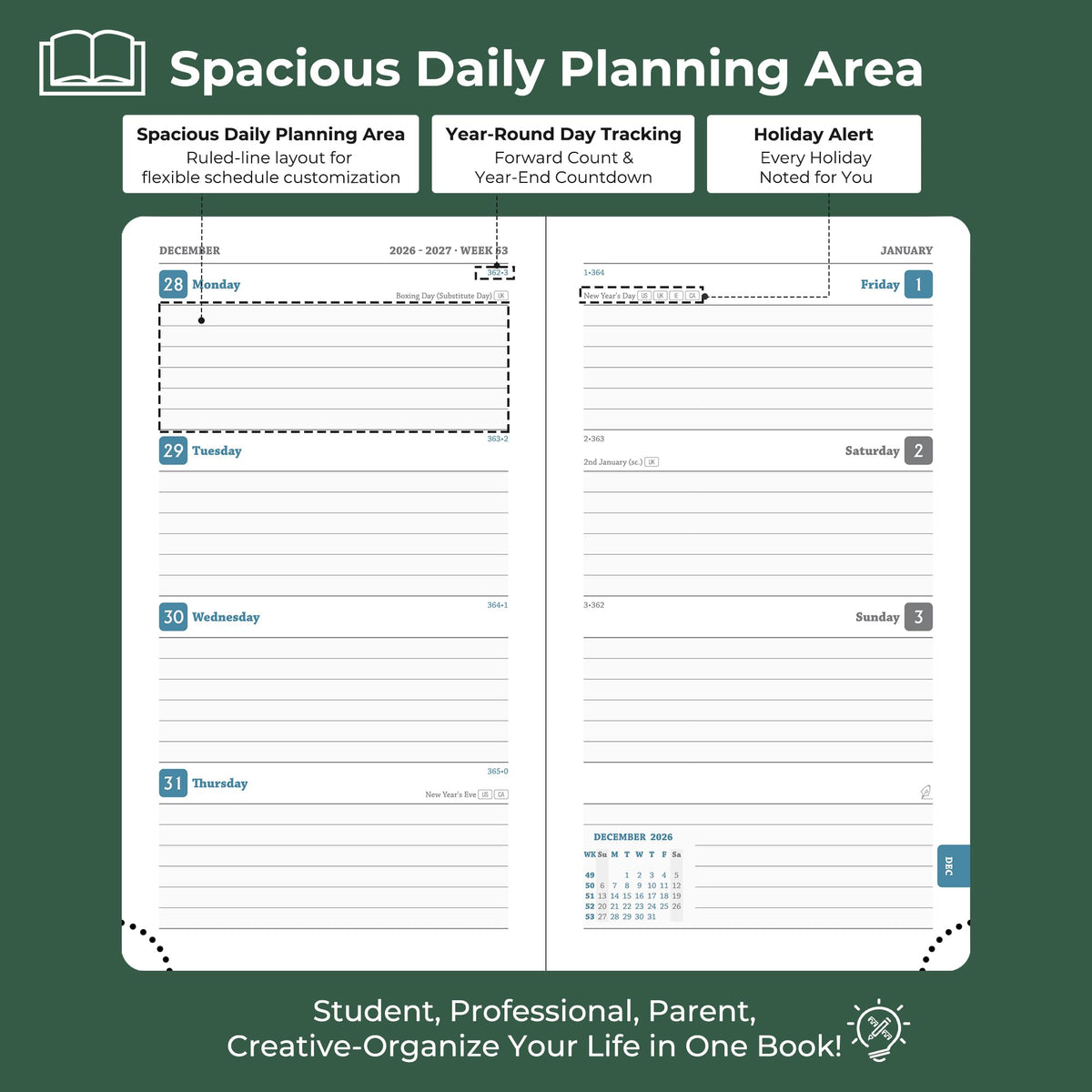 IN-LUXPRO Planner 2026-2027 Daily Weekly and Monthly,6.5"x3.75",18 Months Spiral Bound Calendar Agenda with Self-adhesive Pen Holder,2026 Academic Plan with Vegan Leather Soft Cover,Green