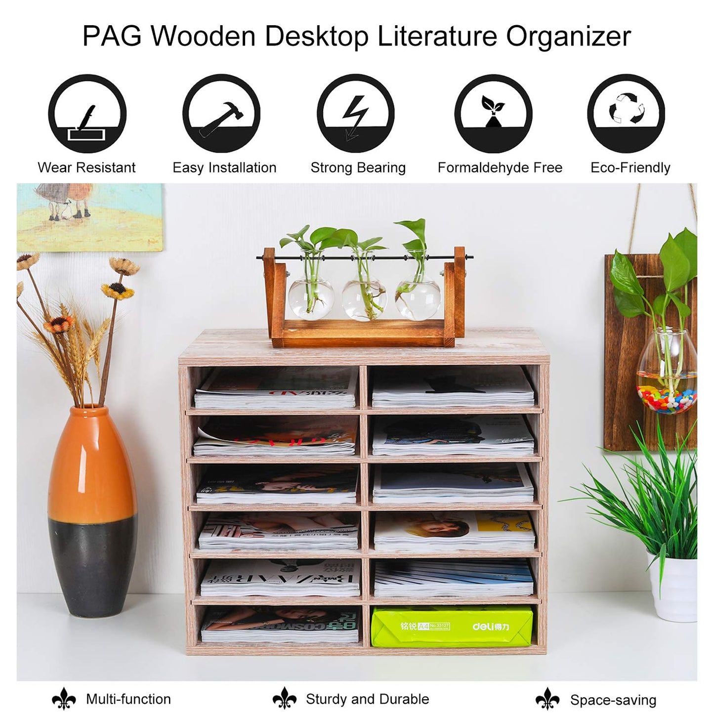 PAG Countertop Mail Sorter Organizer, Wooden Literature Organizer, Student Mailbox for Classroom, Desktop Bill Organizer for Office Home School, 12 Compartments, Retro White