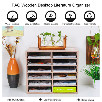 PAG Countertop Mail Sorter Organizer, Wooden Literature Organizer, Student Mailbox for Classroom, Desktop Bill Organizer for Office Home School, 12 Compartments, Retro White