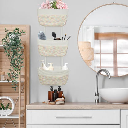 TeoKJ 3-Tier Woven Cotton Wall-Mounted Hanging Storage Baskets, Over the Door