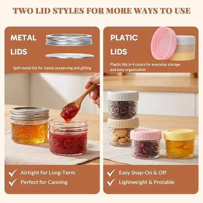 CycleMore 4 oz Glass Mason Jars, 40-Pack Bulk Small Canning Jars with Regular Mouth & Two Sets of Lids (40 Metal + 40 Plastic) – for Jam, Honey, Spices, Overnight Oats, Wedding Favors