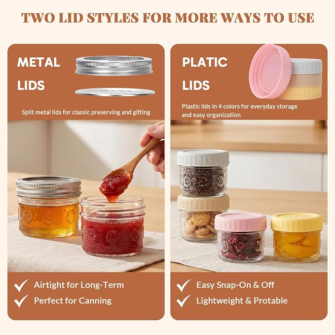 CycleMore 4 oz Glass Mason Jars – 24-Pack Small Canning Jars with Regular Mouth & Two Sets of Lids (24 Metal + 24 Plastic) – for Jam, Jelly, Spices, Overnight Oats, Wedding Favors