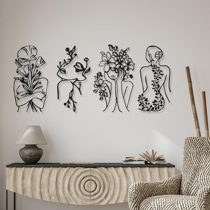 Therwen 4 Metal Wall Art Decor Minimalist Abstract Woman Single Line Drawing Wall Art Female Home Decor Hanging Art Print for Bedroom Bathroom Living Room, Black 17 x 10 in(Stylish Style)