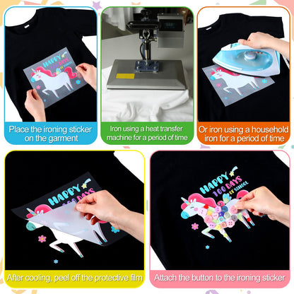 Suncalla 12 Sets DIY 100th Day of School Iron on Decals Craft Kit with Patches Buttons Machine Ice Cream Caterpillar T Shirt Dot Stickers for DIY Art School Party Activity Creative Supplies