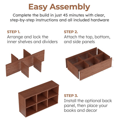 Solid Wood 6 Cube Storage Organizer, Horizontal Bookshelf with Storage, 2 Shelf Bookcase, 6 Cube Shelf, TV Stand Bookshelf, Small Book Shelf for Kids Rooms, Bedroom, Living Room, Offices (47.2 Wide)