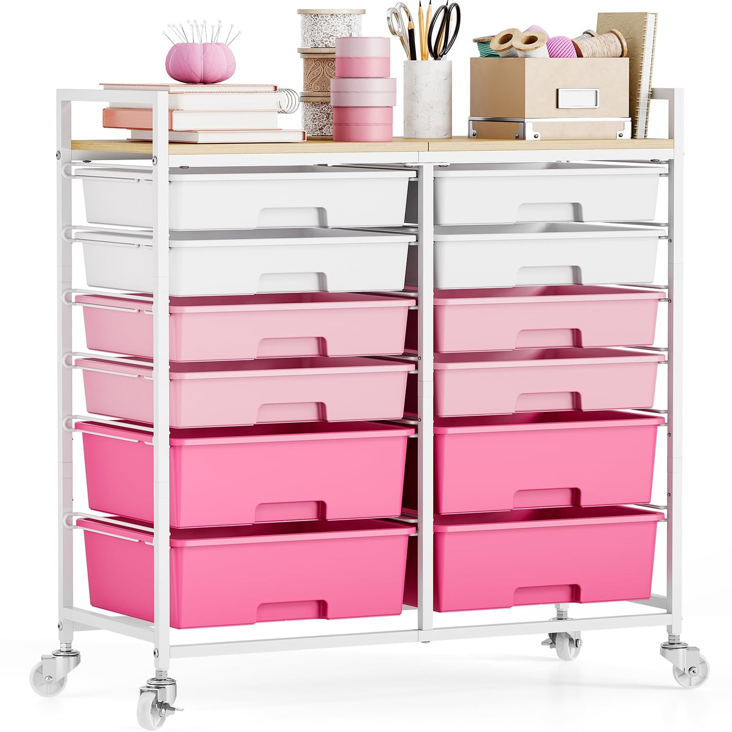 Rolling Storage Cart with 12 Drawers, Wooden Tabletop Utility Cart for Craft Storage, Art Supply Storage & Home Office Organization, Teacher Cart with Wheels for Classroom Organization, School