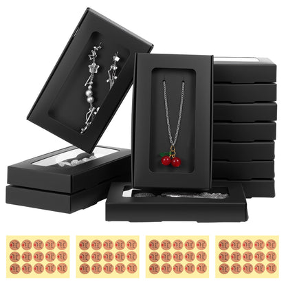 Tobeelec 50 Pcs Jewelry Packaging Boxes with Stickers - 5.4"x3.4"x0.7", Paper Necklace Gift Box Bulk with Clear Window Display Card Sticker for Displaying Necklaces Rings Bracelets Earrings (Black)
