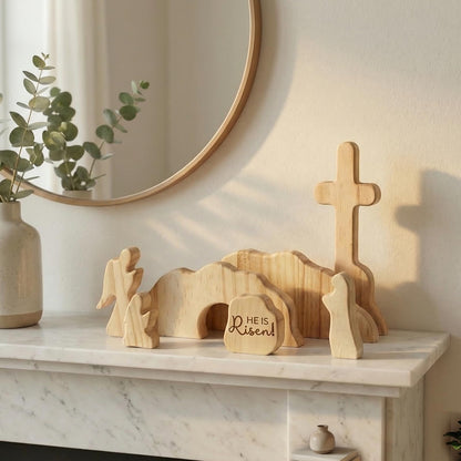 GRECOMEIN He is Risen Wooden Easter Resurrection Scene, Handcrafted Solid Wood Empty Tomb Set with Rolling Stone and Cross, Christian Religious Decor, Catholic Gifts