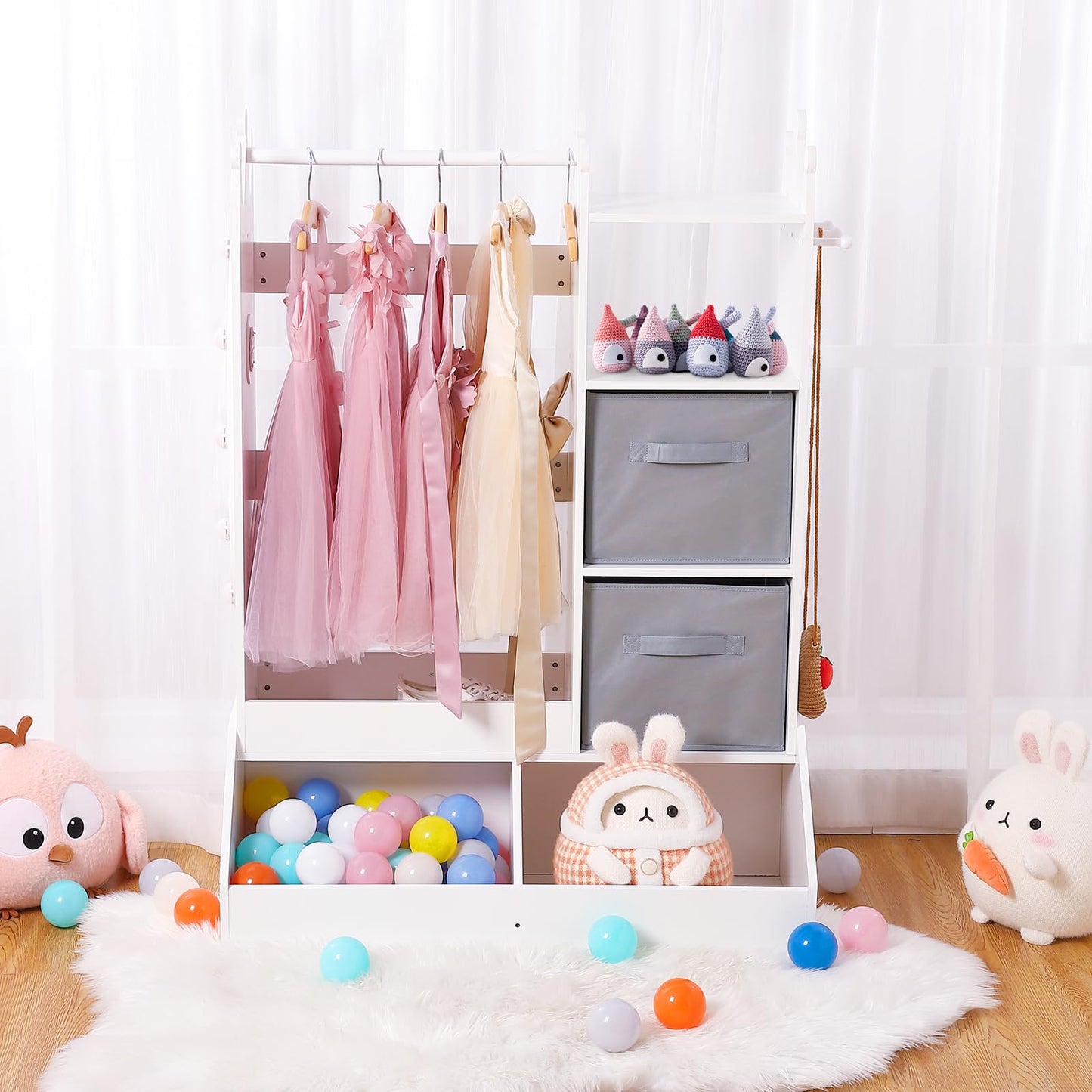 JoanKaren Dress-Up Storage for Girls - Ample Storage, Mirror with Touch Light, Multi-Functional Organizer, White