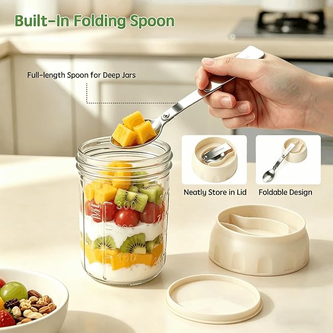 Overnight Oats Containers with Lids and Spoon 2 Pack, 16oz Leakproof Glass Oat Over night Jar with Seperate Compartment for Fruit & Nuts, Mason Jars for Oatmeal Yogurt Chia Seed Pudding Meal Prep