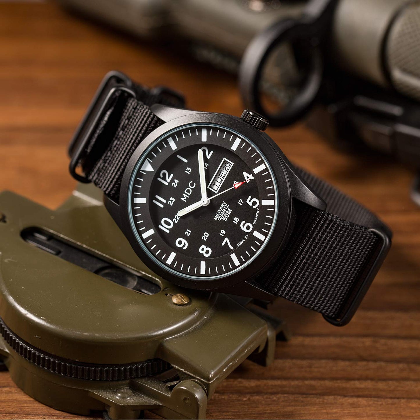 Infantry Men's Wrist Watch Field Military Watches for Men Analog Black Tactical Outdoor Sport Work Wristwatch Waterproof Date Day 12/24 Hour with Army Nylon Band