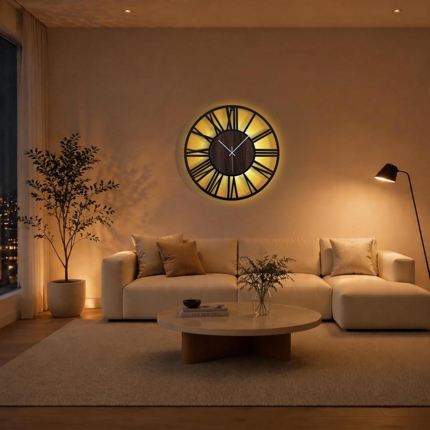 Jassurance Large Lighted Wood Wall Clock Remote Control, Roman Numeral Modern Decorative Clock with Silent Movement, Battery Operated Clocks for Living Room Decor