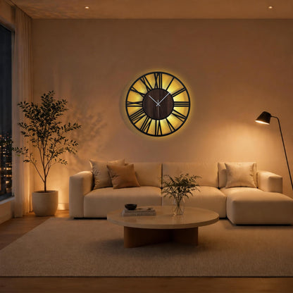 Jassurance Large Lighted Wood Wall Clock Remote Control, Roman Numeral Modern Decorative Clock with Silent Movement, Battery Operated Clocks for Living Room Decor