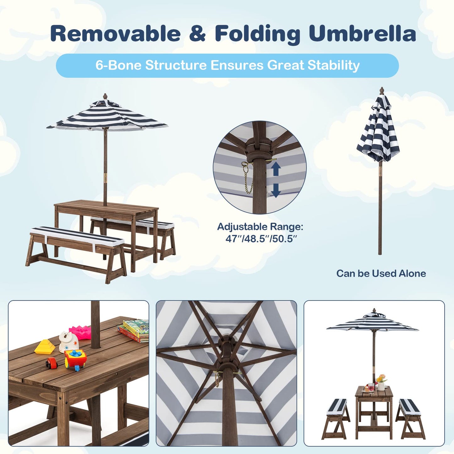 Kids Picnic Table Set with Benches and Umbrella, Foldable Wooden Table and Chair Set for Indoor and Outdoor Use, Playroom Furniture for Toddlers, Children, Baby (Blue)