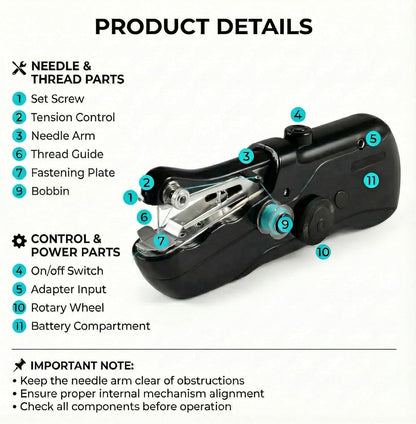 Portable Handheld Sewing Machine for Adults - Mini Hand Held Stitching Machine for Beginners - Small Electric Cordless for Hemming Quick Fabric Home Travel Clothes Pants DIY Denim