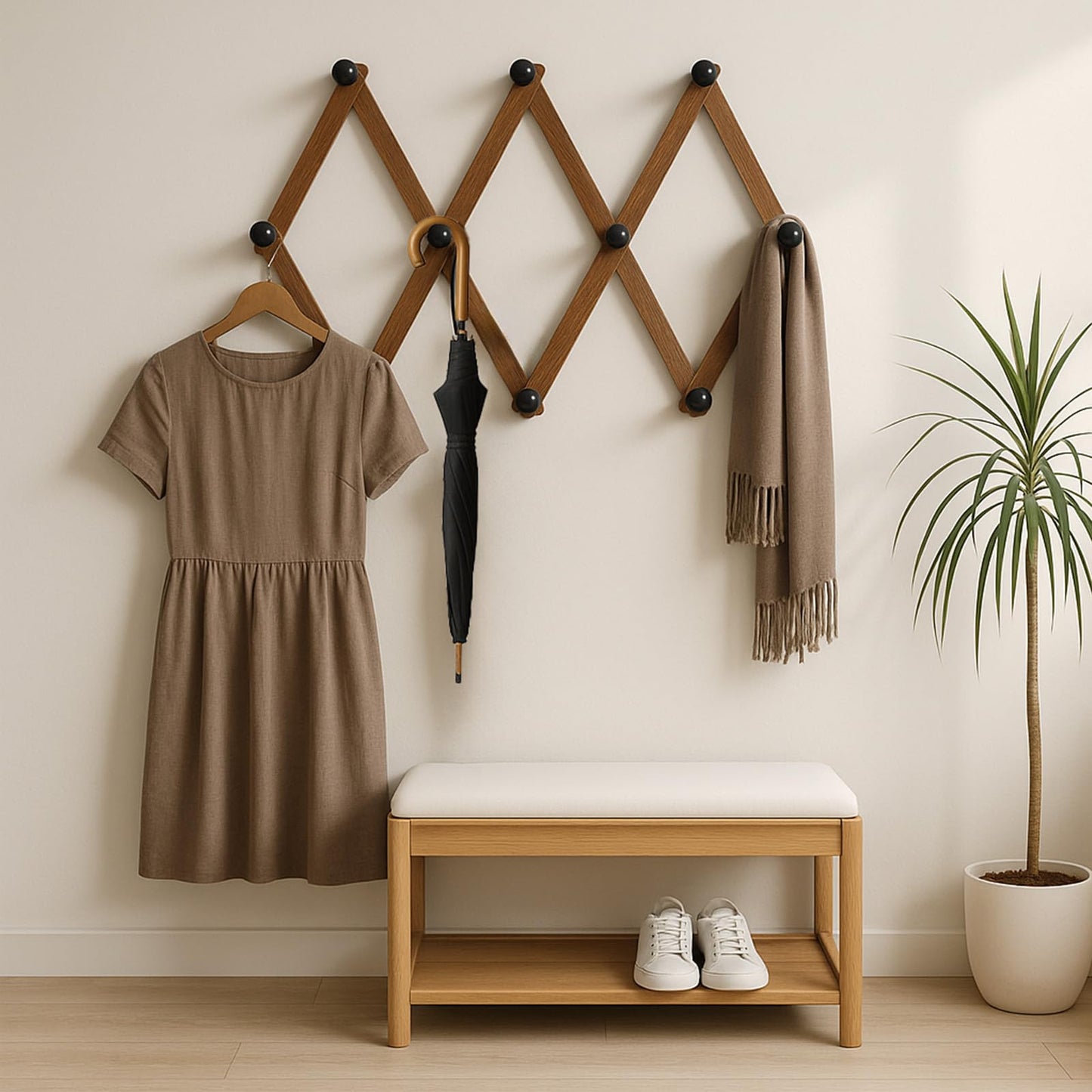 simarro 4 Pcs Accordion Wall Hanger, Expandable Coat Rack Wooden Hat Rack Including 10 Peg Hooks, X Shape Wall Mount Hat Holder for Hats Coat Scarf Jackets Purses
