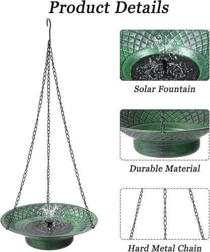 Hanging Bird Bath with Solar Fountain, 12.6" Solar Powered Bird Bath, Metal Hummingbird Fountain Bird Bath for Garden, Patio, Lawn Decor, Green