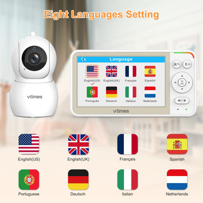VTimes 5'' Screen Video Baby Monitor with Camera and Audio, 32-Hour Battery, Baby Monitor No WiFi Remote Pan-Tilt-Zoom VOX, Two-Way Talk Night Vision Temperature Display Alarm 8 Lullabies and 1000ft