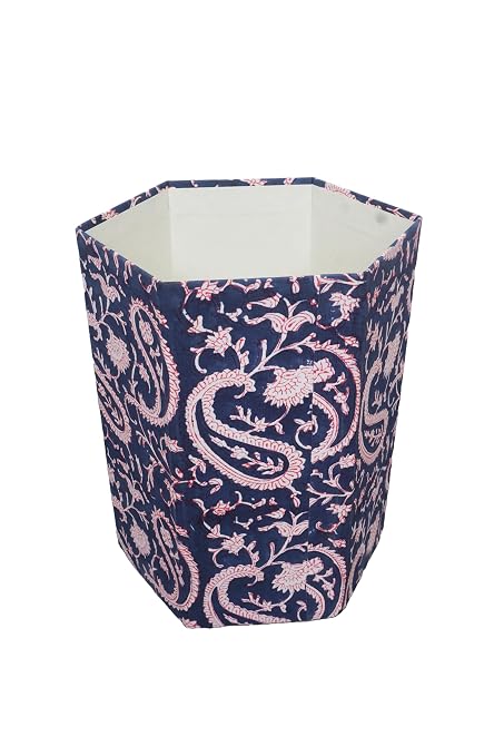 Generic 3.3 Gallon Cotton Hand Block Printed Paper Waste Basket |Small Decorative Trash Can for Housewarming Gifts in Living Room, Bedroom, Bathroom | Eco-Friendly, Plastic-Free (1, BLUE PINK MUKAT)