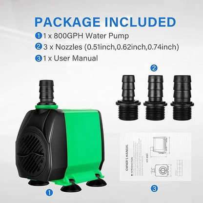 Simple Deluxe 800 GPH Water Table Pump (3000L/H, 24W), Ultra Quiet Fountain Pump with 10 ft, 3 Nozzles for Fish Tank, Pond, Aquarium, Hydroponics, Green (Pack of 3)