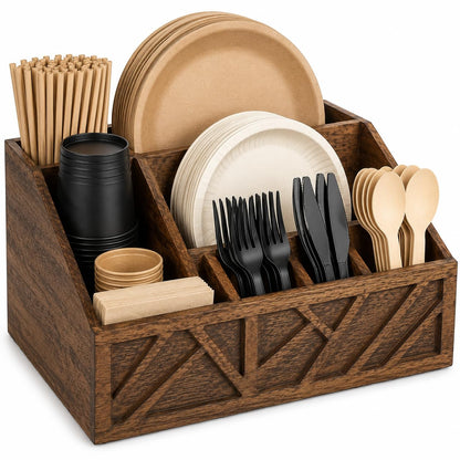 Seerova Living Premium 6 Compartment Wooden Paper Plate and Utensil Organizer – Heavy Duty Silverware & Napkin Caddy for Party, Picnic, BBQ, Kitchen Countertop, Vanity Makeup Storage