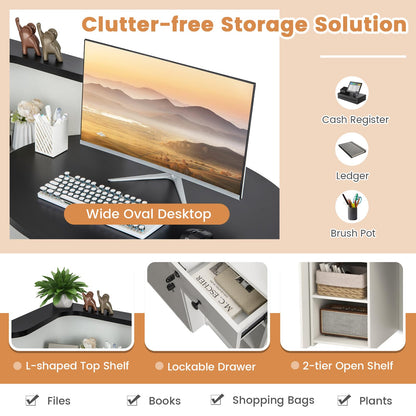 Tangkula Reception Desk, Front Counter Desk with Lockable Drawer & Adjustable Shelf, Oval Desktop, Retail Counter for Checkout, Computer Workstation for Salon Lobby Office, Home Office Desk