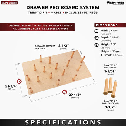 Rev-A-Shelf Pegboard Drawer Divider Organizer, Trim to Custom Fit Wooden Kitchen Cabinet Storage Utensil, Pots & Dish Rack, 39" x 21", 4DPS-3921