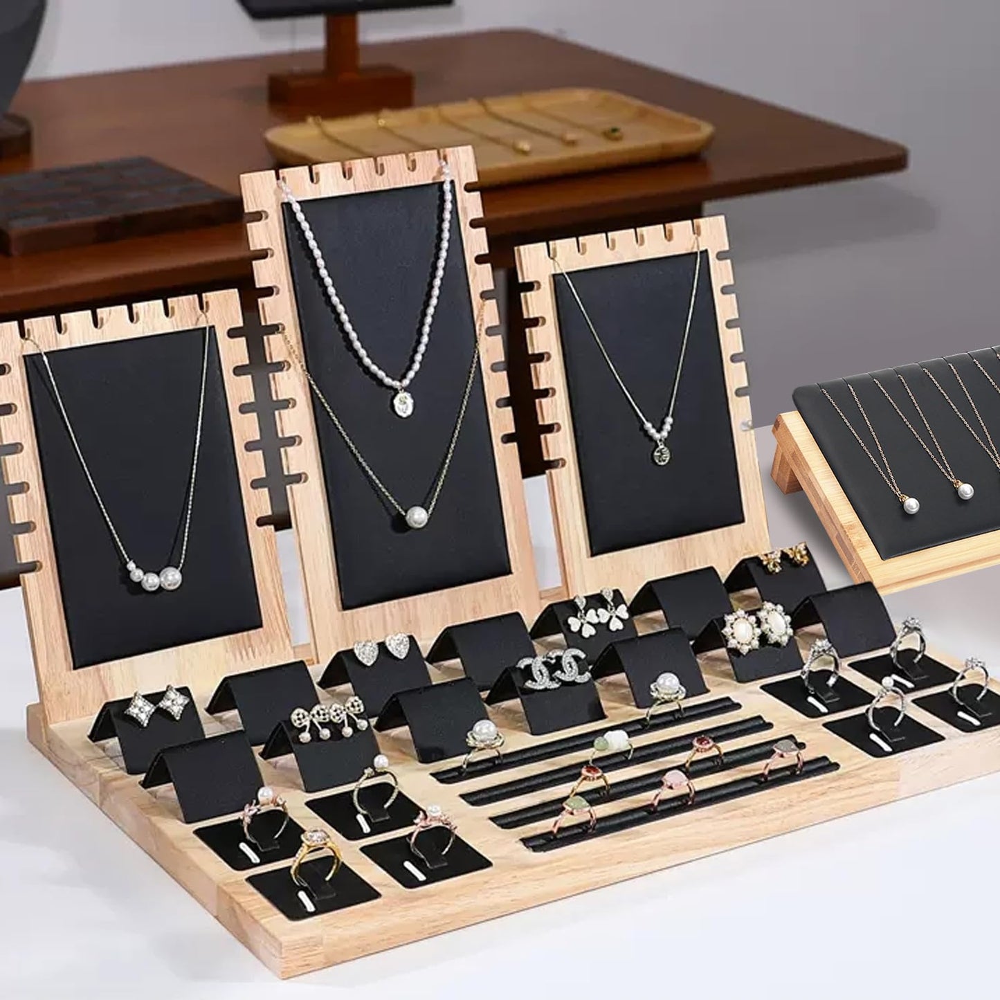Enorteen Wooden Jewelry Display Stand Set Pendant Necklace Display Holder Ring Earrings Bracelet Tabletop Storage Organizer Stand Set Combination for Show (Black)