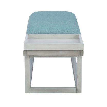 Powell Oakland White Washed Wooden Bench with Aqua Upholstered Seat and Removable Wood Tray