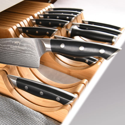 Kitchen Damascus Knife Set, 15 Pieces Kitchen Knife Set with Block, ABS Ergonomic Handle for Chef Knife Set, Knife Sharpener, Kitchen Shears, Natural Wooden Block and Bamboo Drawer Organizer, Gift Box