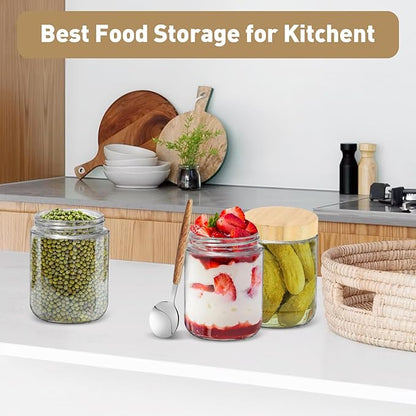 16oz Overnight Oats Jars,Overnight Oats Containers with Bamboo Lids for Meal Prep,Wide mouth Mason Glass Salad Jars with Spoons,Glass Food Storage Container for Yogurt Chia Pudding Spice Sugar(6Pack)
