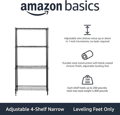 Amazon Basics 4-Shelf Steel Wire Storage Shelves for Garage, Adjustable Metal Shelving Unit, 200 lbs Per Shelf, 23.2" W x 48" H x 13.4" D, Black | Sturdy