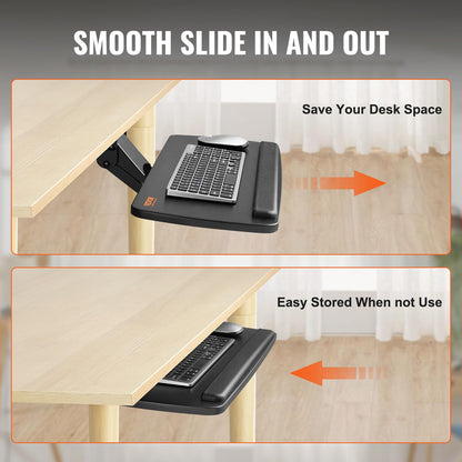 VEVOR Under-Desk Keyboard Tray, Adjustable for Height and Tilt, Slide-Out Design, Spacious 25x9.8 Inch Surface, Ideal for Home and Office Use