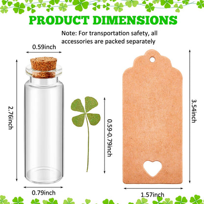 Cinnvoice 50 Sets St. Patrick's Day Cork Stoppers Glass Bottles Dried Pressed Four Leaf Clover Tiny Wishing Bottle Real Natural Four Leaf Clovers Mini Vials with Labels Ropes for DIY Crafts Wedding