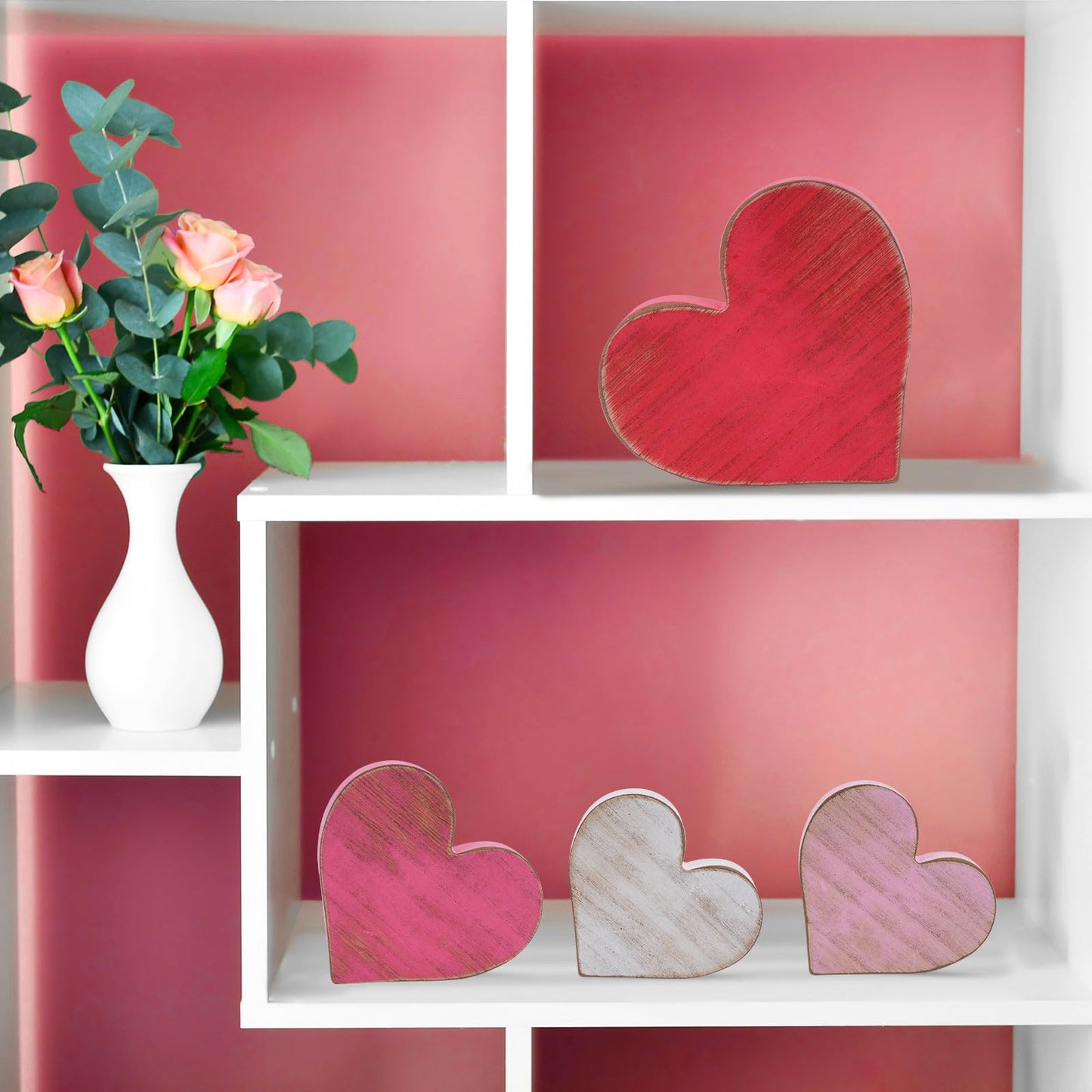 COCHIE Wooden Hearts Valentines Decorations Indoor, Wood Heart Blocks Tiered Tray Decor Set of 4, Red Pink White Valentine Decoration for Home Party Office Shelf Door (Retro)