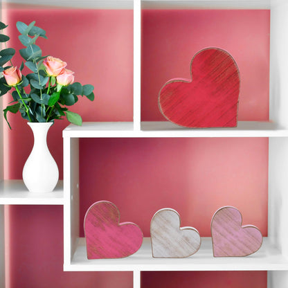 COCHIE Wooden Hearts Valentines Decorations Indoor, Wood Heart Blocks Tiered Tray Decor Set of 4, Red Pink White Valentine Decoration for Home Party Office Shelf Door (Retro)
