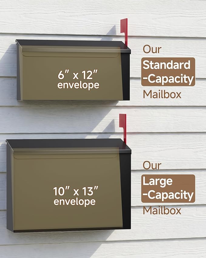 Wall-Mount Mailbox for Outside, Large Capacity Rust-Proof Mail Box with Stay-Open Lid & Red Flag Kit, Galvanized Steel Weather-Resistant Post Box for House Outside, 13"x4.1"x6.9", Black