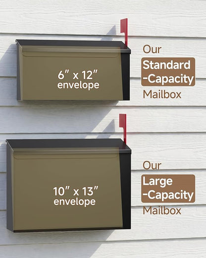 Wall-Mount Mailbox for Outside, Large Capacity Rust-Proof Mail Box with Stay-Open Lid & Red Flag Kit, Galvanized Steel Weather-Resistant Post Box for House Outside, 10.5"x4.3"x14.2", Black