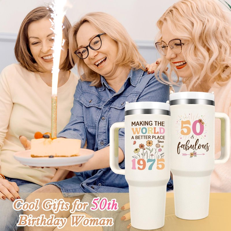 Gtmileo 50th Birthday Gifts for Her Women, 1975 Birthday Gift For Women 40oz Tumbler with Handle, 50 Year Old Birthday Gifts for Women, Cool Gifts for 50th Birthday Woman for Friends Family, Beige