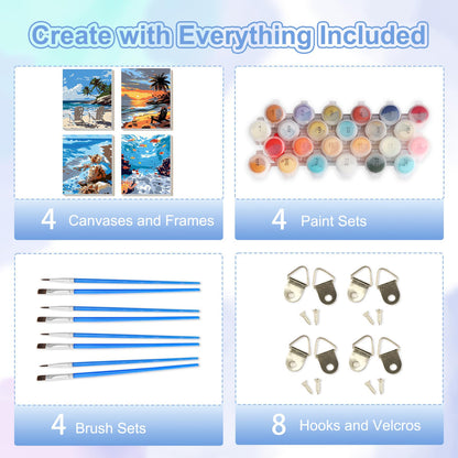 TOSTOG Seascapes 4 Pack Framed Canvas Paint by Numbers Art Kit for Adults and Kids, Beginner Acrylic Oil Painting Supplies with Wooden Frame for Home Wall Decor 20 * 25 cm/8 * 10 in
