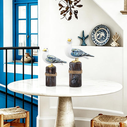 Meching 2Pcs Wooden Seagull Figurine on Piling Mediterranean Style Sea Bird Statue Craft Standing Seagull Decorations for Home Indoor Decor Living Room Kitchen Beach Party Bedroom Office Accessories