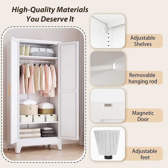 Metal Wardrobe Storage Cabinet with Mirror and Hanging Rod,71'' Metal Clothing Cabinet with 2 Doors and 2 Adjustable Shelves for Bedroom, Laundry Room, Cloak Room (White)