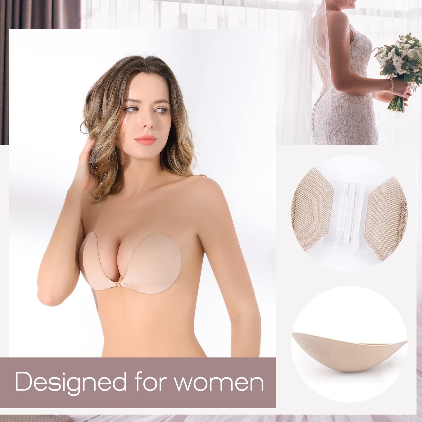 MINIYA 2025 Push Up Sticky Bra, 2 Pack Reusable Adhesive Invisible Backless Strapless Bra (US, Cup Band, A, Nude+Black)