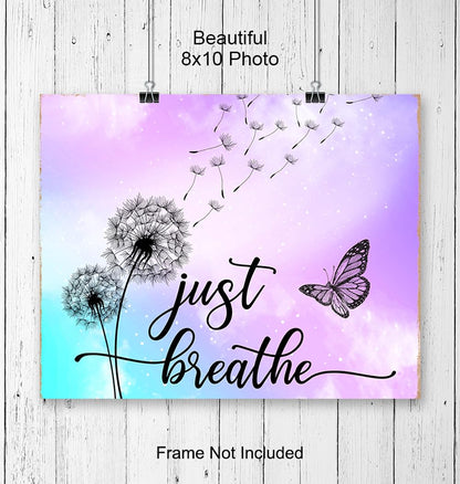 Just Breathe Wall Art - positive Quotes Purple Office Wall Decor for Women - Farmhouse Bedroom Inspirational Wall Decor - Motivational Shabby Chic Art - Zen Spa Wall Art, Butterfly Print