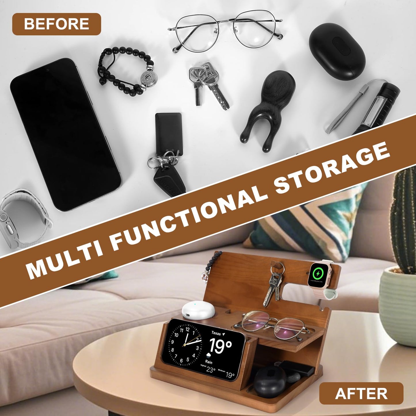 Gifts for Men 3-in-1 Charging Stand Compatible with iPhone 16 Charger Station, Nightstand Organizer Wood, Fathers Day Perfect for Dad Husband Boyfriend Son, for iPhone 16/15/14/13/12 Max Plus, Watch