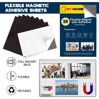 Magnetic Sheets with Adhesive Backing for 4x6 Pictures(Pack of 32),Adhesive Photo Magnets for Home/Classroom/Office,Magnets for Refrigerator
