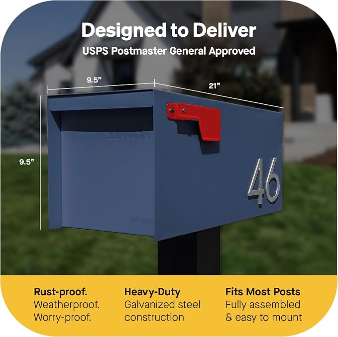 Adoorn Post Mount Outdoor Mailboxes - Large Decorative Mailbox for Letters and Packages - Weatherproof Construction - Durable Steel - Magnetic Closure - 9.5” H x 9.5” W x 20.75” D - Navy