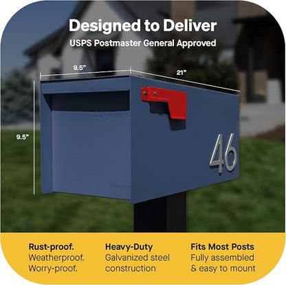 Adoorn Post Mount Outdoor Mailboxes - Large Decorative Mailbox for Letters and Packages - Weatherproof Construction - Durable Steel - Magnetic Closure - 9.5” H x 9.5” W x 20.75” D - Navy