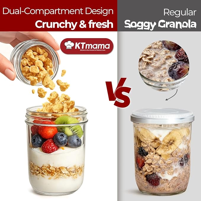 16+4oz Glass Yogurt Parfait Cups with Lids, Reusable Containers with Dry & Wet Separation, Leak-Proof for Overnight Oats, Meal Prep, Portable to Work & School, Easy Clean 2 Pack (Pink+Green)